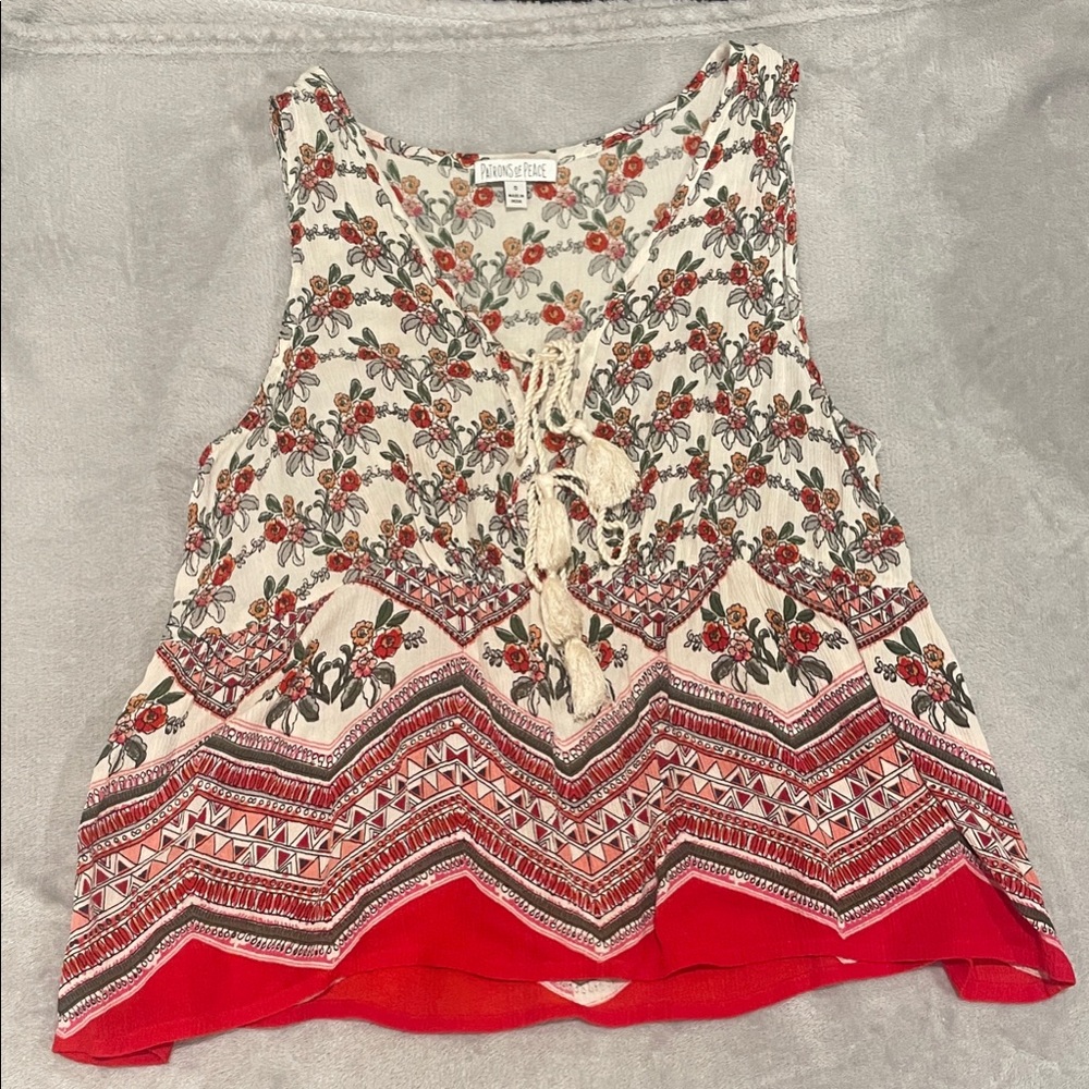 Patrons of Peace Floral Lace-Up Blouse - Red and Cream